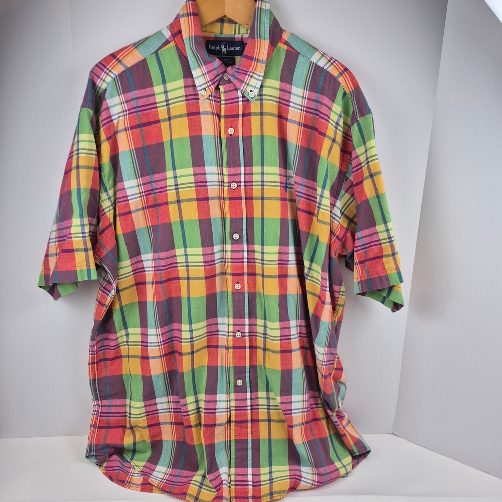 Vtg Ralph Lauren Blake Shirt XL Madras Plaid Short Sleeve 100% Cotton Preppy 90s